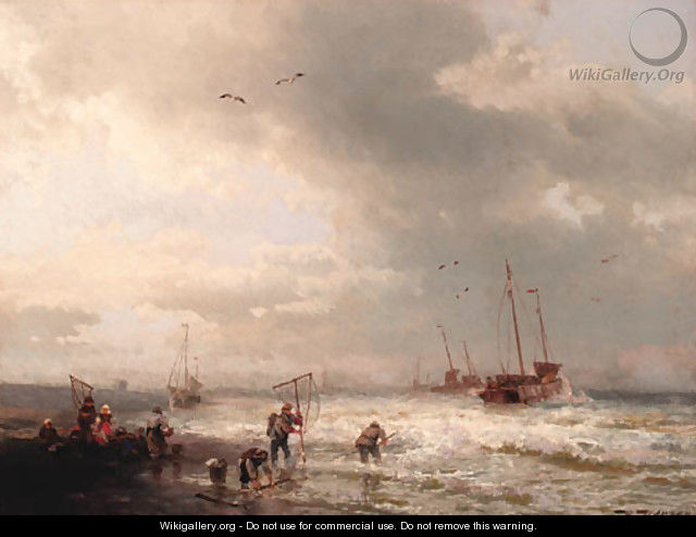 Fishermen by the shore of a stormy sea - Herman Herzog