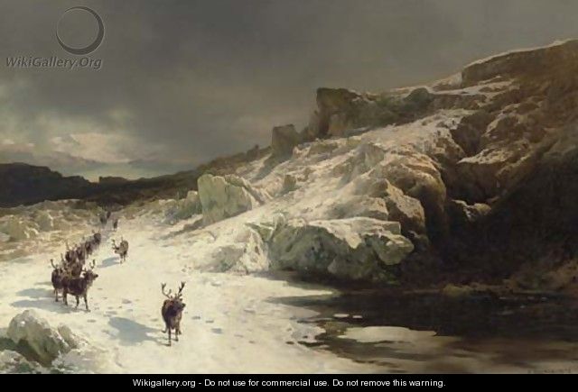 Elk in a Snowy Landscape - Herman Herzog