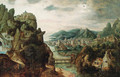 A panoramic mountain landscape, with an extensive town by a river, Christ with Cleopas and Peter on the Way to Emmaus in the foreground, and the subse - Herri met de Bles