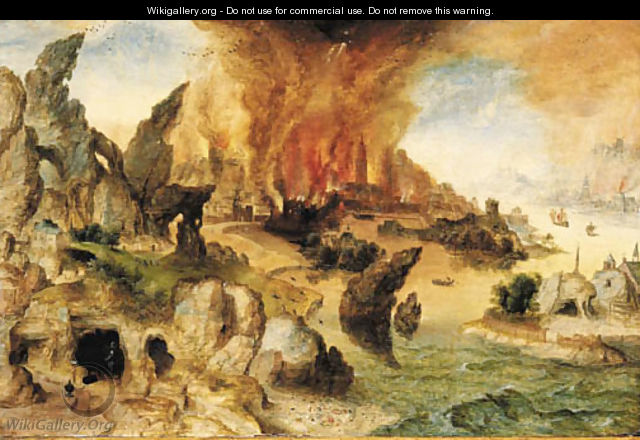 A mountainous landscape with Lot and his Daughters, the Destruction of Sodom and Gomorrah beyond - Herri met de Bles