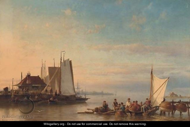 Calm water, with fishing boats at [sic] the river near Amsterdam - Hermanus Jr. Koekkoek
