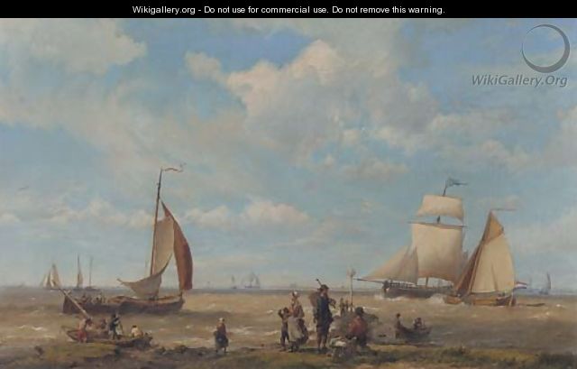 Shipping in a breeze with figures in the foreground - Hermanus Koekkoek