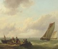 Fishermen on a jetty with sailingvessels approaching - Hermanus Koekkoek