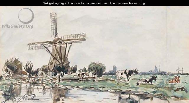 Un moulin en Hollande, des vaches dans un champ au premier plan - Johan Barthold Jongkind