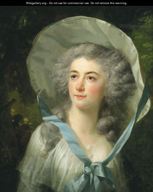 Portrait of Henrietta Cozens (1767-1829), bust-length, in a white dress and a white hat tied with a blue ribbon - Friedrich Tischbein