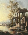 A coastal landscape with figures by classical ruins, a port beyond - Johann Franz Ermels