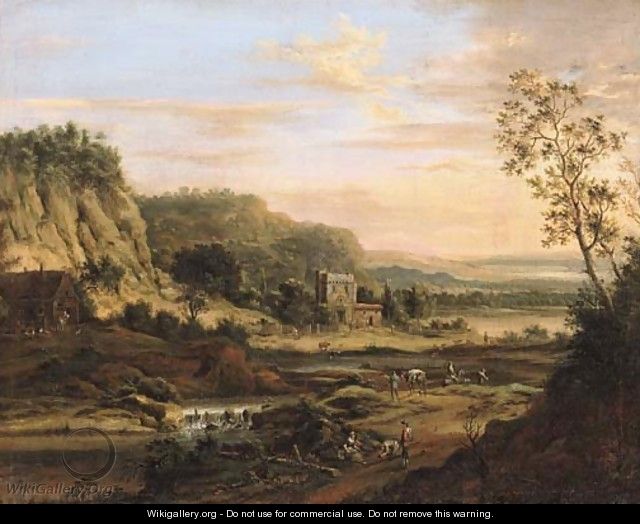 Peasants on a road by a river in a Rhenish landscape - Johann Christian Vollerdt or Vollaert