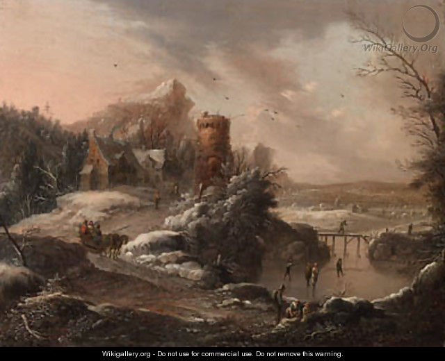 A winter landscape with travellers on a path and skaters on a river, a town and houses nearby - Johann Christian Vollerdt or Vollaert