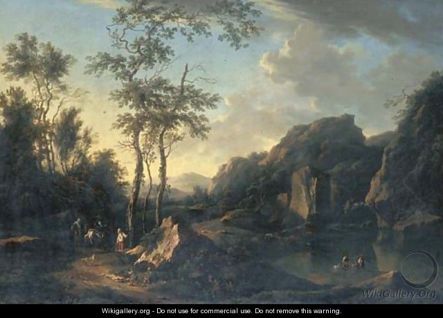 A wooded river landscape with travellers and peasants on a path and fishermen on the bank - Johann Christian Brand