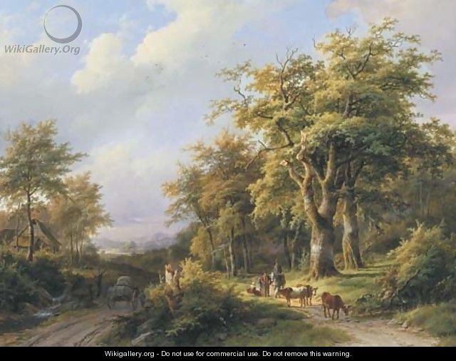 Travellers resting on a forest path in a wooded valley - Johann Bernard Klombeck