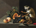 A monkey with grapes, peaches, a melon and other fruit on a stone ledge - Johann Amandus Winck