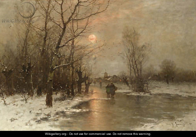 Peasants on a frozen waterway at dusk - Johann II Jungblut