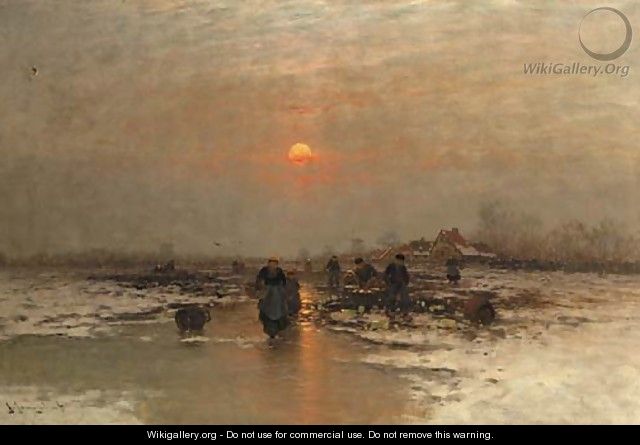 Ice fishing at dusk - Johann II Jungblut