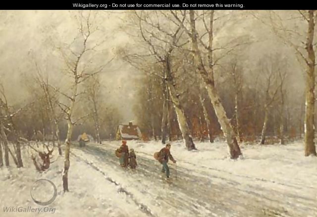 Figures on a snow covered country road - Johann II Jungblut