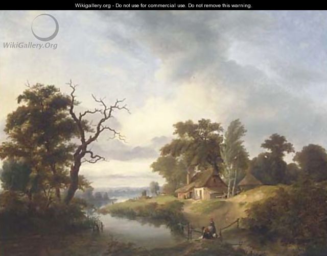 Washerwomen by a river with a cottage beyond - Johann Hendrik Morrien