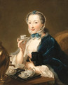 Portrait of the artist's wife, Marie Sophie Robert, half length, with a dog and holding a tea cup - Johann Heinrich The Elder Tischbein