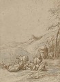 A group of goats resting in a landscape, a castle in the distance - Johann Heinrich Roos