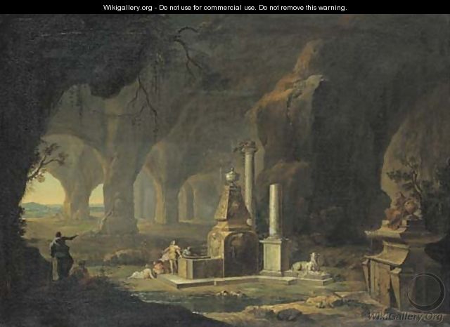A grotto with figures by a fountain - Johann Georg Bohm