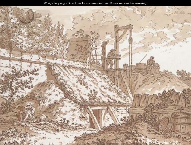 A hut built against a garden wall, figures drawing water at a well beyond - Johann Georg Wille