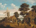 Falconers at an inn, a windmill by a river beyond - Johann Georg Stuhr