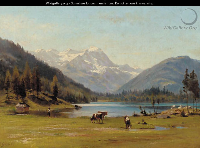 A herdsman and his livestock by an Alpine lake - Johann Joseph Geisser