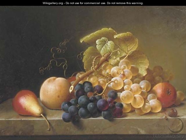 Pears, grapes and a peach on a ledge - Johann Wilhelm Preyer