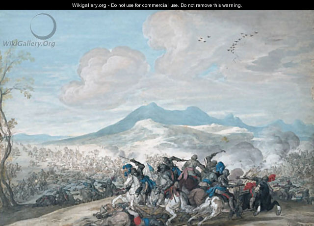 A cavalry skirmish in an extensive mountainous landscape - Johann Wilhelm Baur