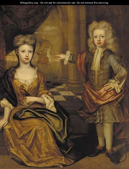 Double portrait of a young boy and girl, the boy, full-length, in a gold-embroidered blue jacket with red wrap - Joris van der Haagen or Hagen