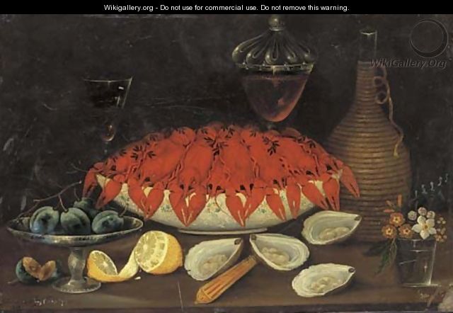 Crayfish in a porcelain bowl and plums on a tazza, - Johann Seitz