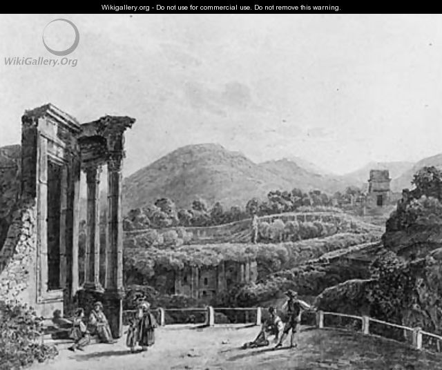 The Temple of the Sybills at Tivoli with Figures overlooking the Ruins of the Villa Gregoriana - Johann Nepomuk Schodlberger