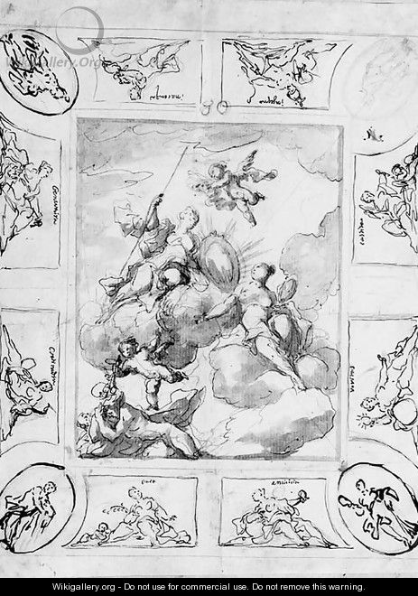 An Allegorical Ceiling Design Minerva And Other Figures Holding A Portrait Cartouche Surrounded By Twelve Compartments - Johann Michael Rottmayr