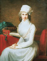 Portrait of Mrs. Henry Pelham, seated three-quarter-length, in a white dress and a white hat, before a table with books - Jean-Laurent Mosnier