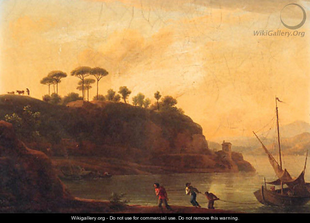 Fishermen towing a boat on the river Tiber at sunset - Jean-Joseph-Xavier Bidauld