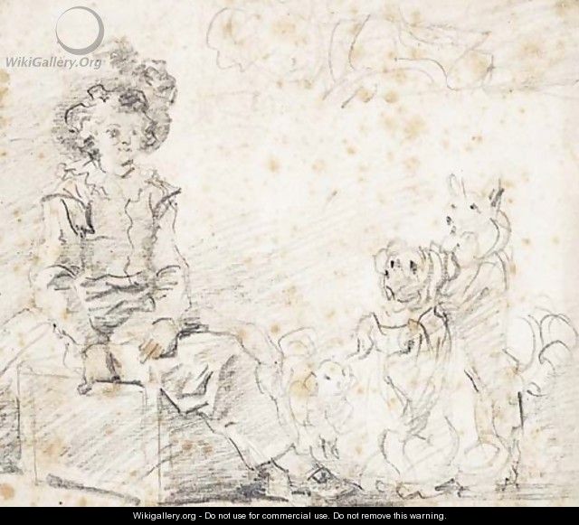 Three dogs standing before a boy seated on a box - Jean-Honore Fragonard