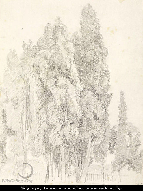 Cypresses by a fence with a statue on a pedestal nearby - Jean-Honore Fragonard