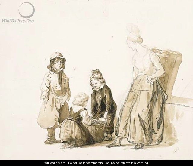 Three children around a basket, their mother leaning against a wall, looking on - Theodore Gericault
