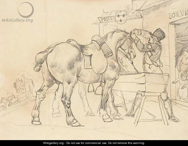 A postal conductor attending to two saddled horses in front of a postal relay station - Theodore Gericault
