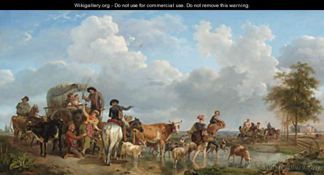 Peasants with Carts and Cattle crossing a Ford, a castle in an extensive landscape beyond - Jean-Louis Demarne