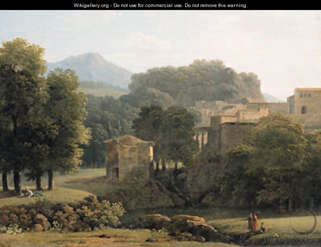 A wooded classical Landscape with Figures by a Brook, a town beyond - Jean-Victor Bertin