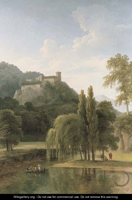 A river landscape with classical figures in a boat, a hilltop castle beyond - Jean-Victor Bertin