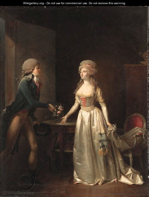 Interior scenes with a young woman being offered flowers by a suitor - Jean-Simon Fournier
