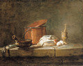 Leeks, a casserole with a cloth, a copper pot and cover, an onion and eggs with a pestle and mortar, on a stone ledge - Jean-Baptiste-Simeon Chardin