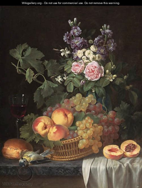 Roses, stocks, jasmine and other flowers in a vase, with peaches and grapes in a basket, a glass of wine, a blue tit - Jean-Joseph-Xavier Bidauld