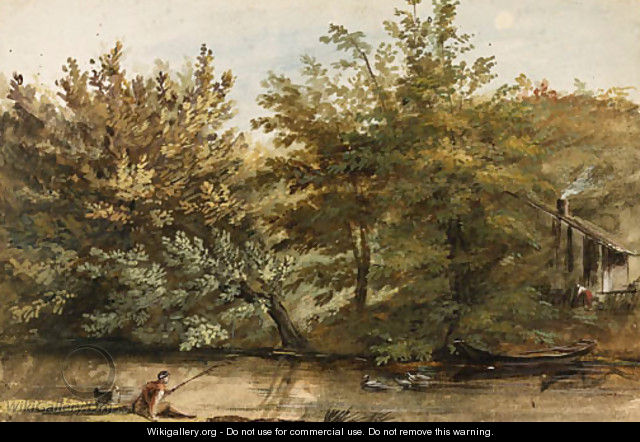 Trees on the Bank of a River, a fisherman in the foreground and a farmhouse in the background - Jean-Pierr Houel