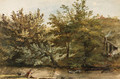 Trees on the Bank of a River, a fisherman in the foreground and a farmhouse in the background - Jean-Pierr Houel