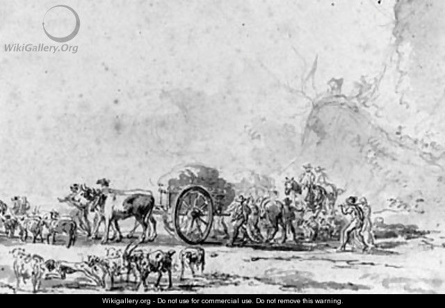 Peasants pulling a haycart with goats in the background, with a subsidiary study of the cart - Jean Pierre Norblin de la Gourdaine