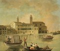 Venice, a view of San Biagio and the church of San Biagio e Cataldo on the Giudecca with elegant figures in a burchiello - Johann Richter