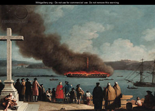 The Burning of the Frigate Graca Divina in the harbor of La Valetta, Malta - Joaquin Manuel Da Rocha