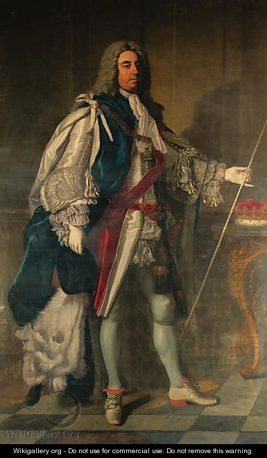 Portrait of Charles, 2nd Duke of Grafton (1683-1757), full-length, in Garter robes, holding a wand of office, beside a table on which rests his corone - Jean Baptiste van Loo