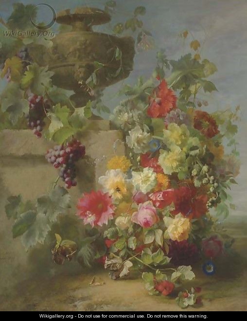 Still Life of Roses, Morning Glories, Chrysanthemums, Forget-me-nots, Grapes and Raspberries by a decorative stone Urn on a Ledge in a Landscape - Jean-Baptiste Robie